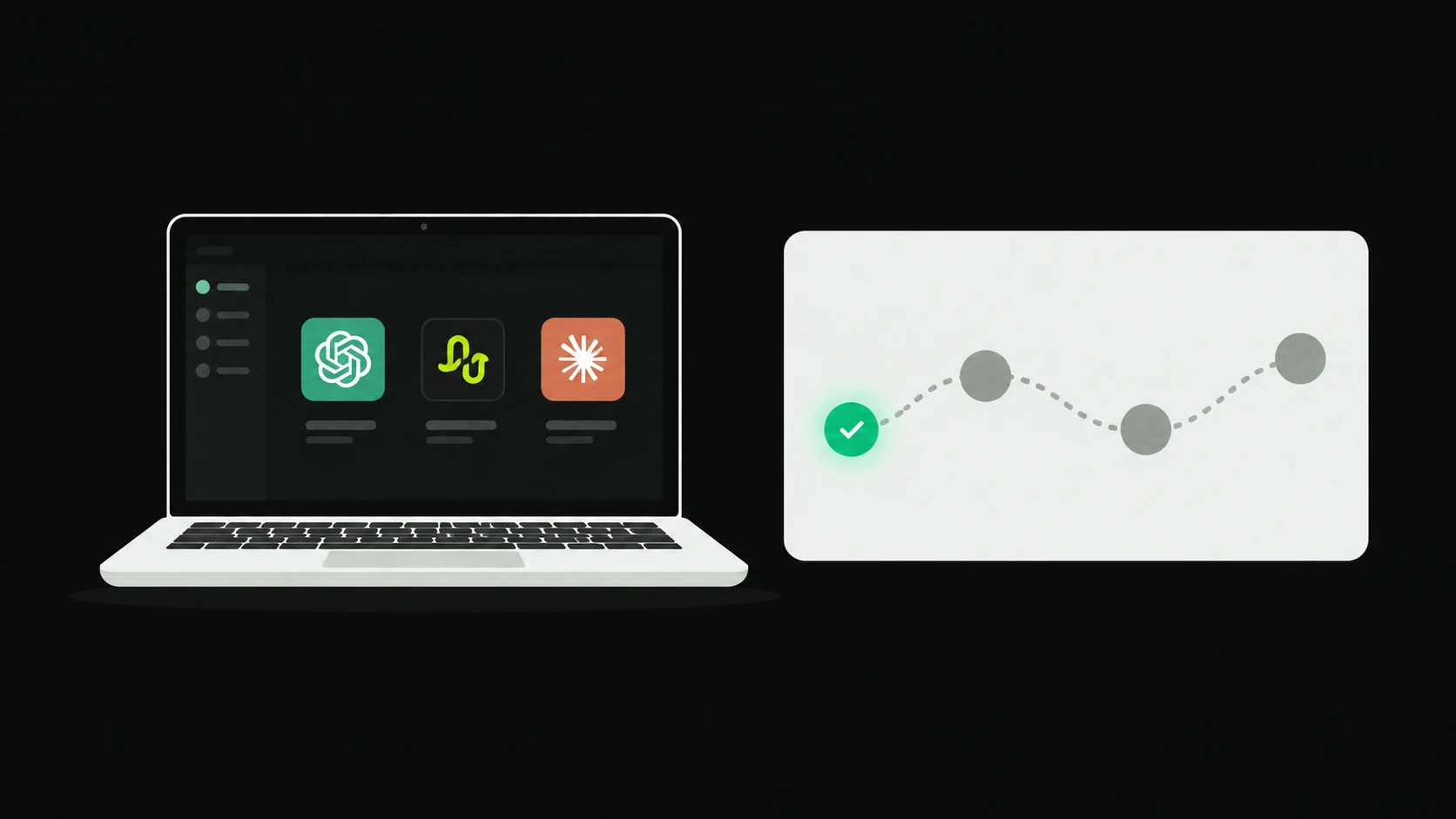 Schritt 2: Auf dem Laptop sind drei KI-Programme geöffnet, der erste Punkt im Ablauf ist erledigt