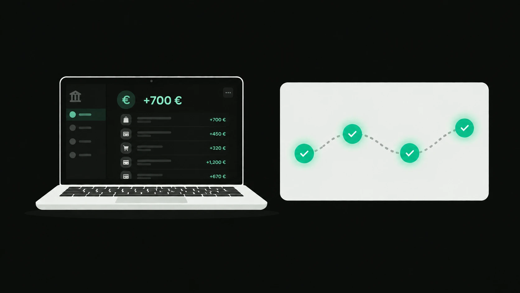 Schritt 6: Auf dem Laptop zeigt ein Konto eingehende Zahlungen, alle vier Punkte sind erledigt