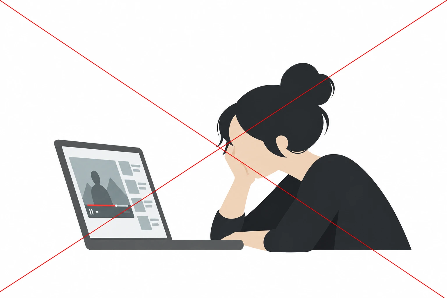 Eine Frau stützt den Kopf in die Hand und schaut sich auf dem Laptop ein Kursvideo an. Das Bild ist rot durchgestrichen.